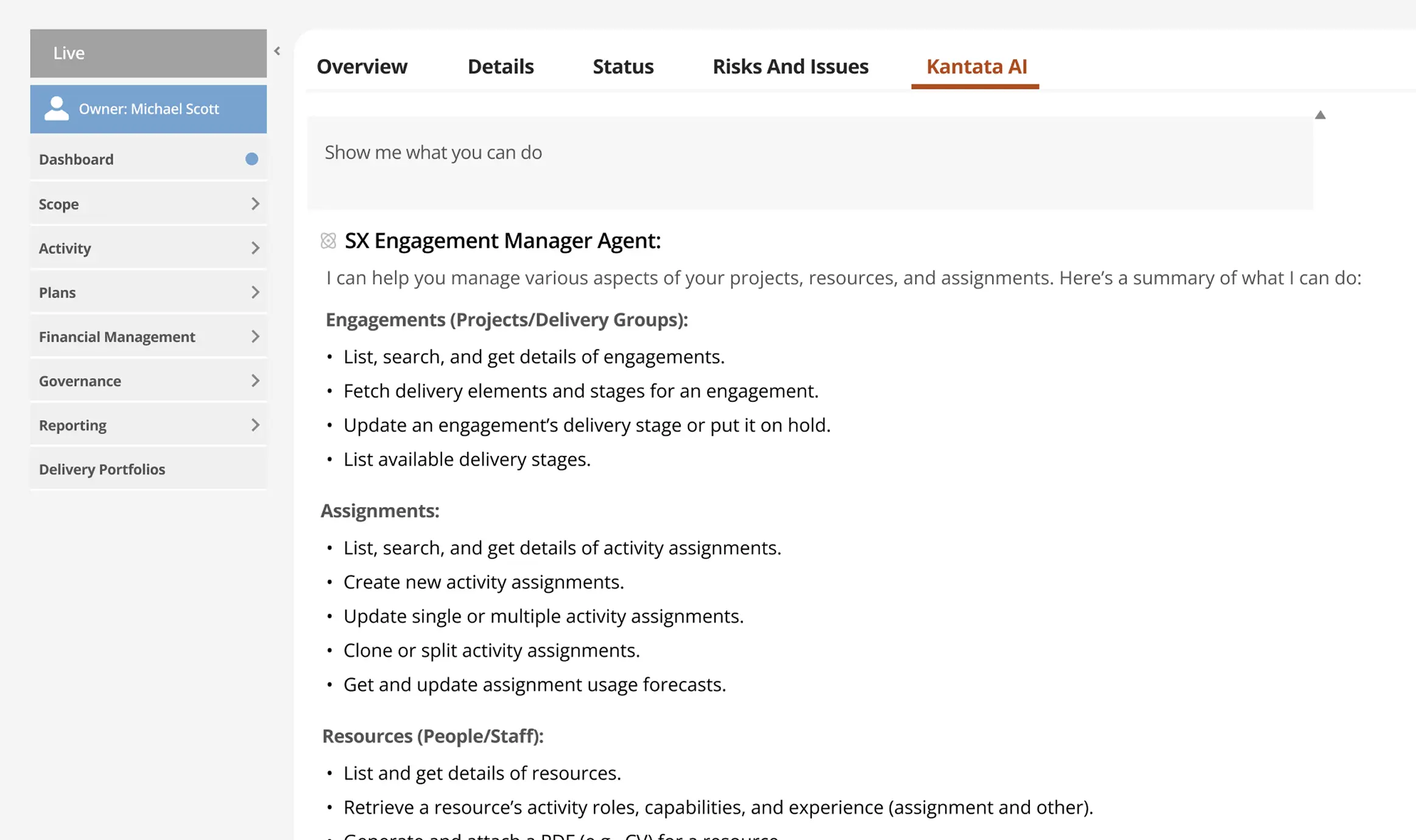 Product screenshot of Kantata SX AI