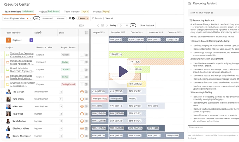 Preview of the Kantata Resource Center showing team member availability, utilization, and resourcing assistant