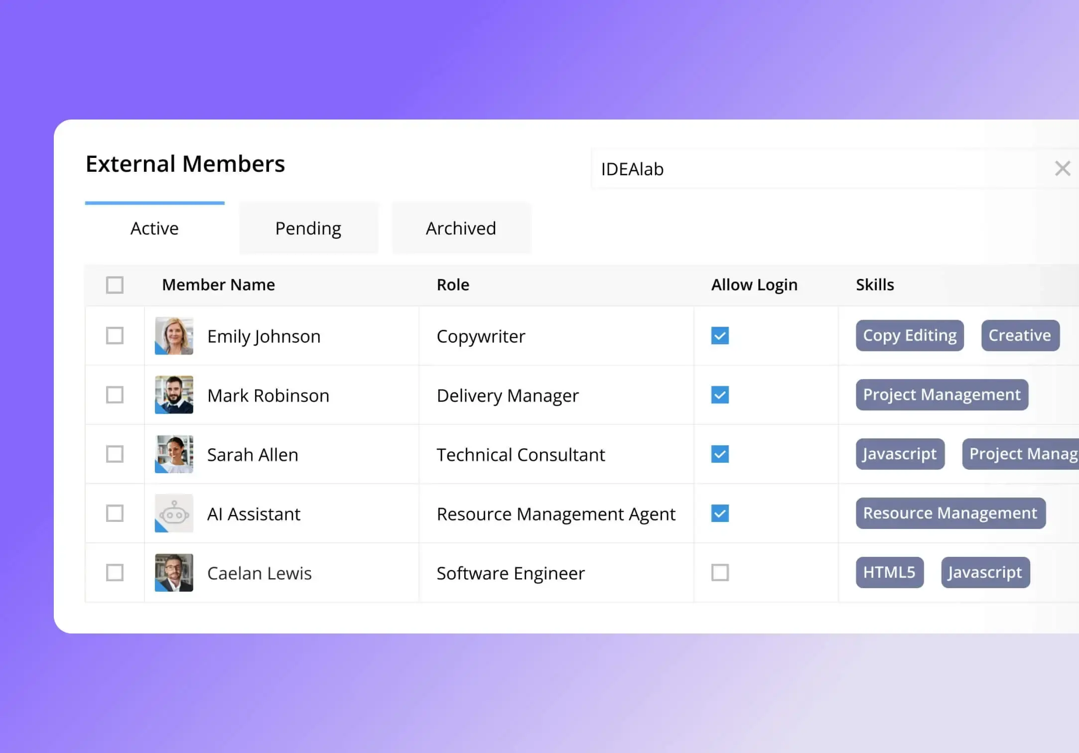 Product screenshot representing managing your talent network